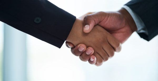 Female shakes male hand