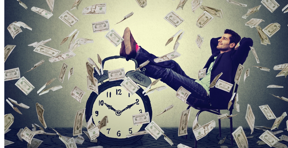 Man with feet on clock amid money