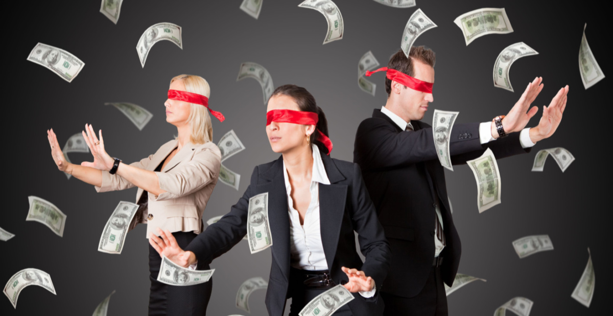 blindfolded people chase money