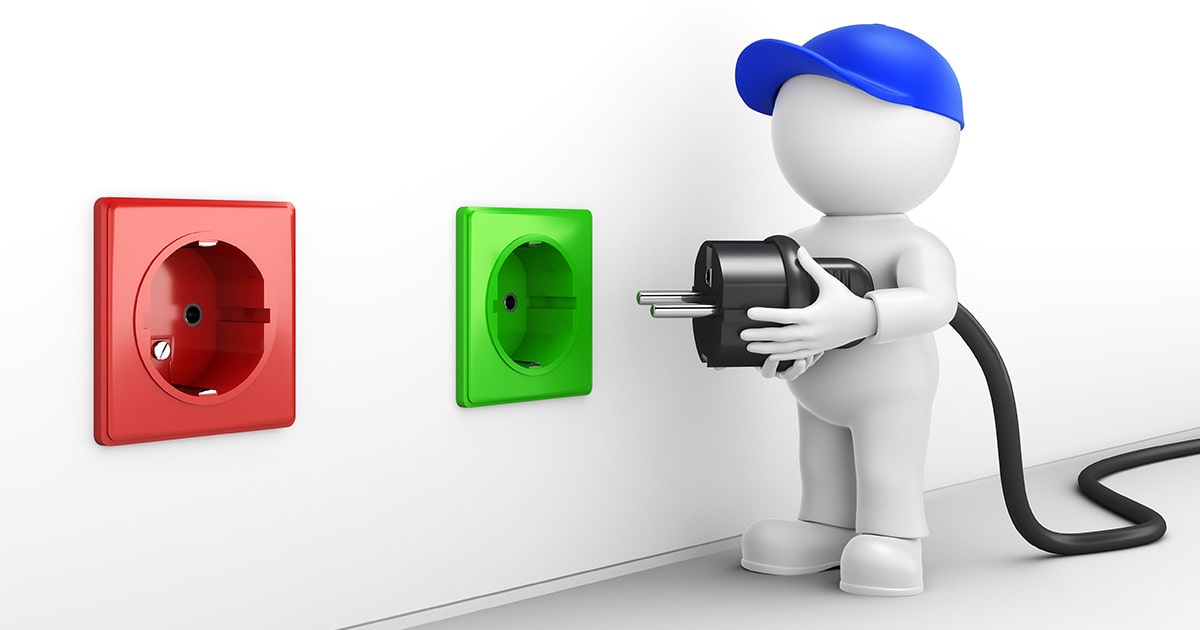 Character with blue hat plugging a cord into green powerpoint after removing from red powerpoint
