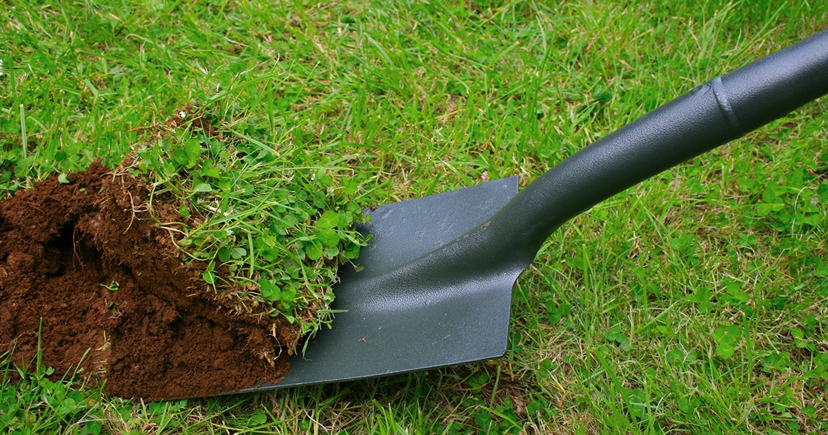Shovel digging up grass
