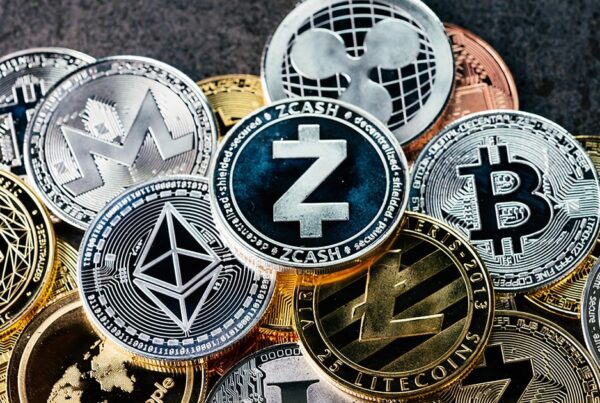 Ether, Bitcoin and other cryptocurrencies represented as actual coins