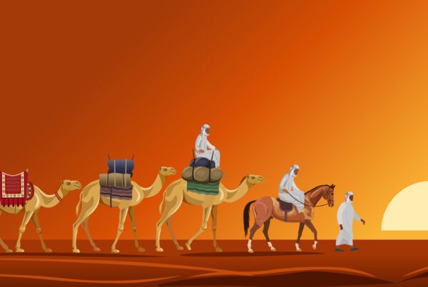 Graphic with camels and men walking through desert
