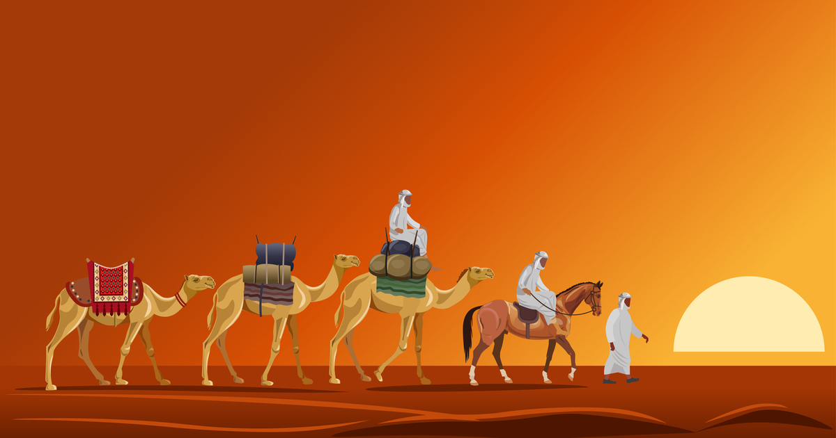 Graphic with camels and men walking through desert