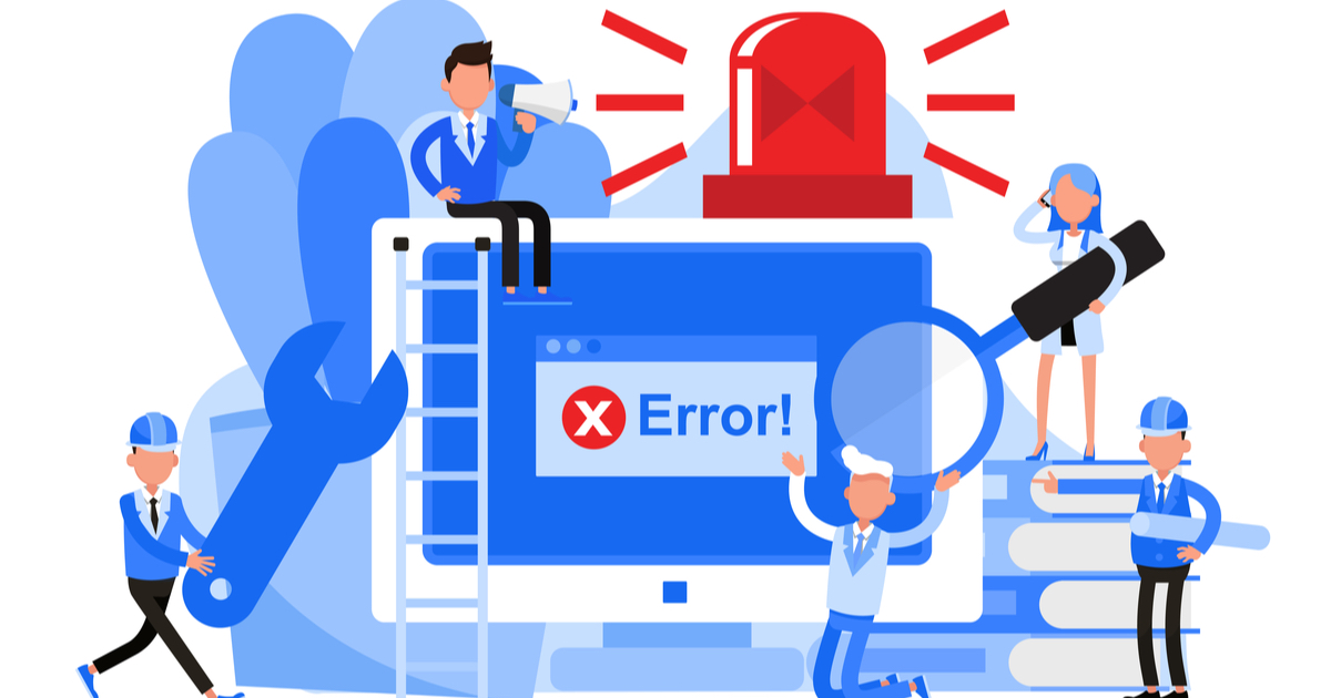 Graphic with error message on computer screen and multiple workers holding tools to fix
