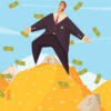 Graphic of man standing on yellow mounds of money throwing notes into the air