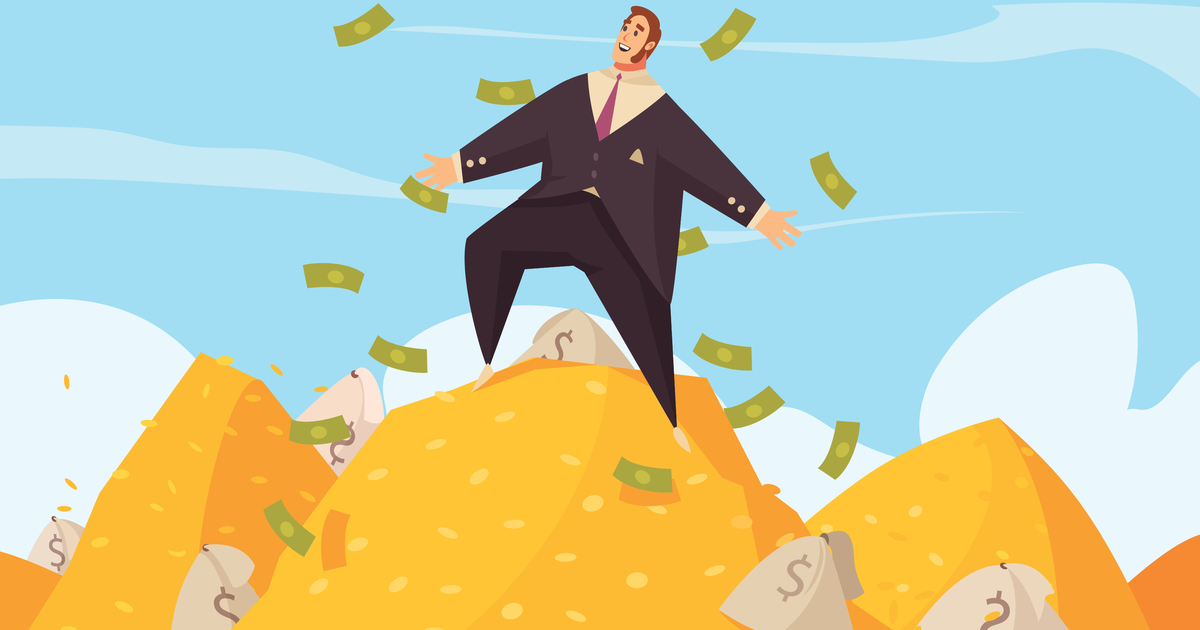 Graphic of man standing on yellow mounds of money throwing notes into the air