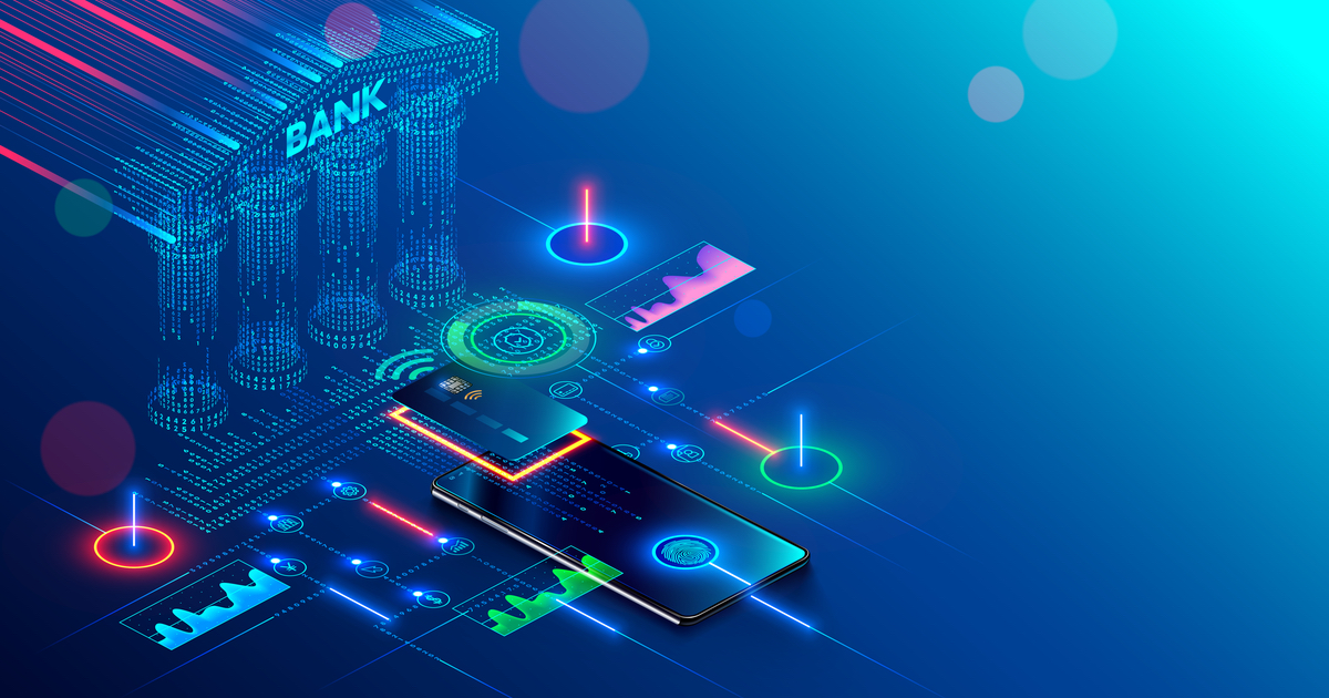 Graphic of the front of a bank with mobile phones and charts