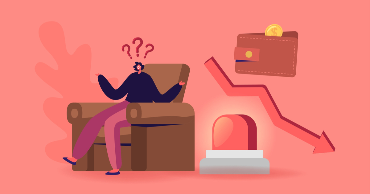 Graphic of woman sitting in chair with question marks, big red button, downward arrow and wallet