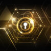 Keyhole surrounded by gold cogs and hexagons with black background