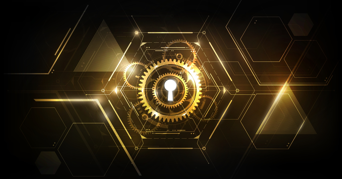 Keyhole surrounded by gold cogs and hexagons with black background