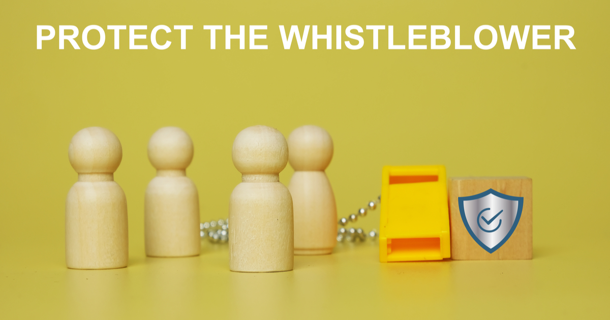 Figures next to a block with a shield, 'Protect the Whistleblower' written above