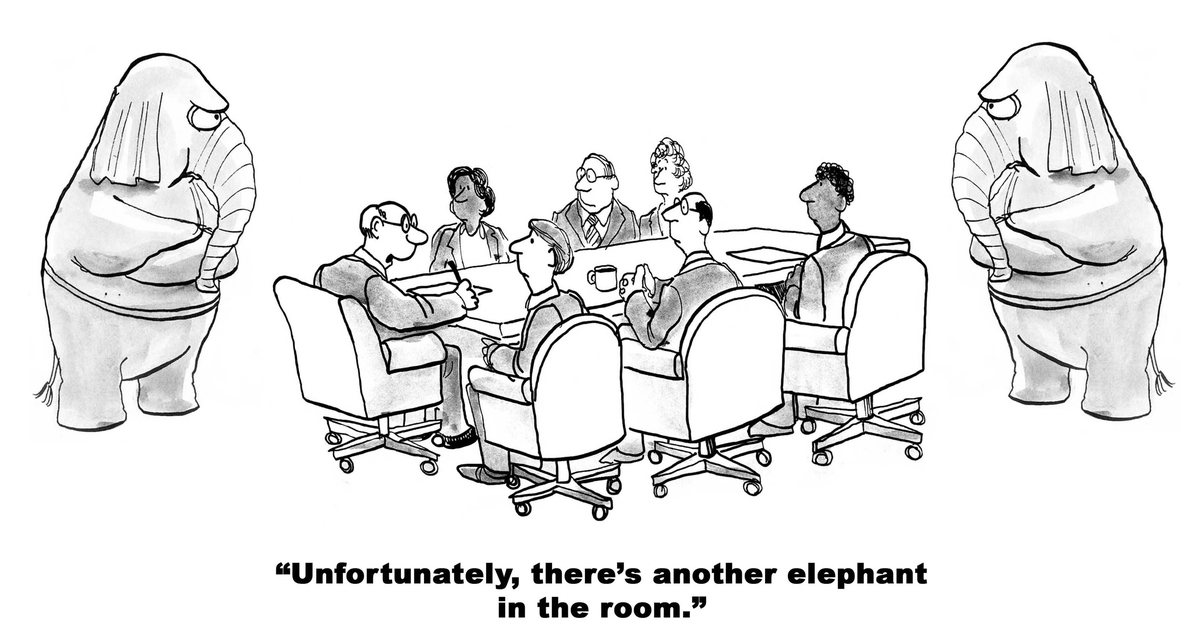 Cartoon of business meeting with two elephants in the room