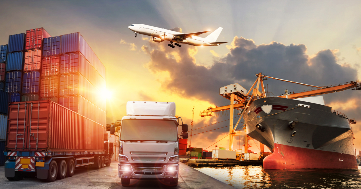 Image of cargo, trucks, ship, plane and tower crane
