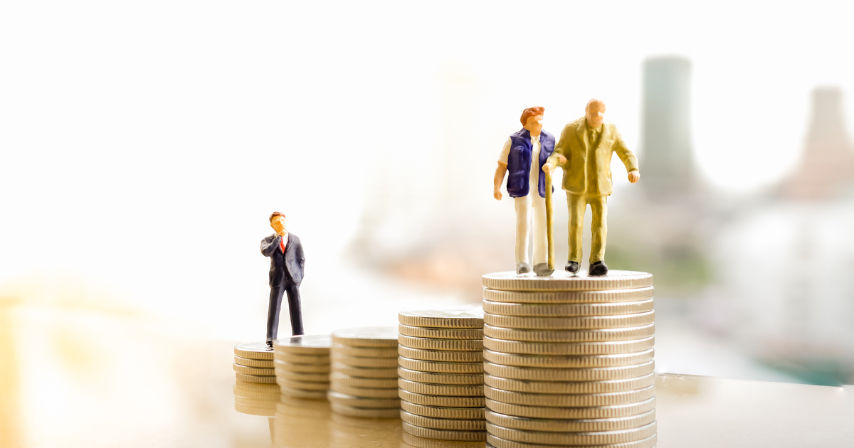 Old couple walking on pile of coins, businessman behind them on other pile of coins