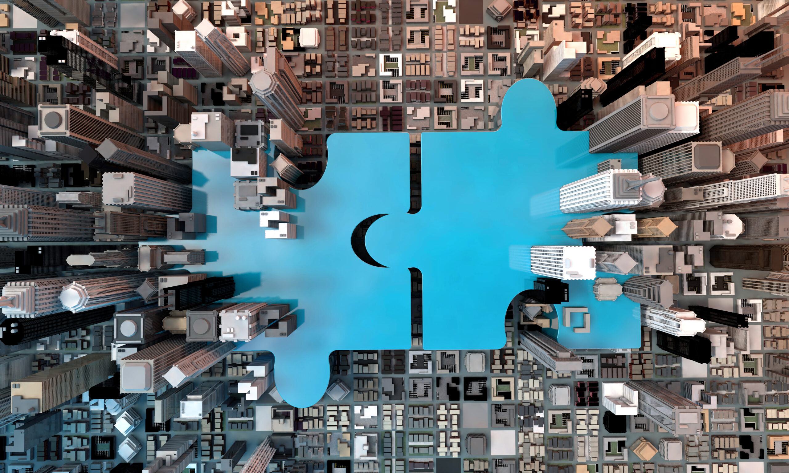 Top down view of CBD with 2 blue jigsaw pieces superimposed
