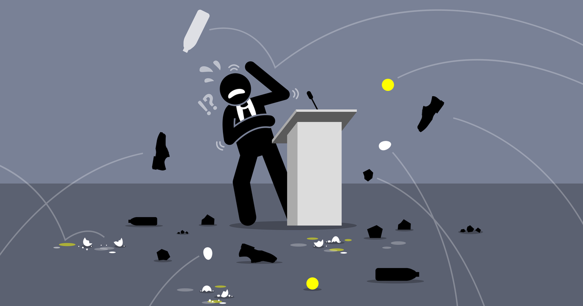 Graphic of figure at lectern with things thrown at them