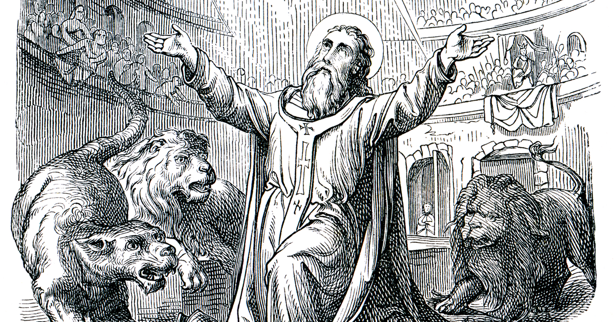 Black and white drawing of Christian Saint in arena with lions