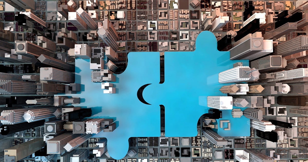 Top down view of CBD with 2 blue jigsaw pieces superimposed